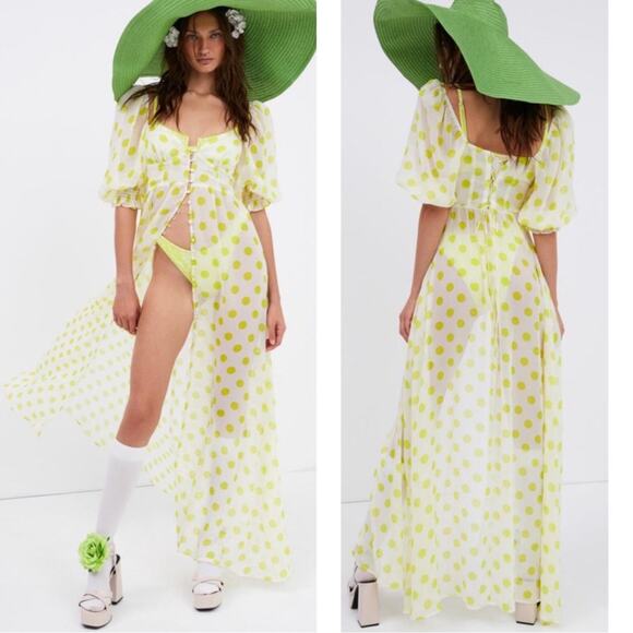 For Love & Lemons Megan Polkadot Sheer Chiffon Puff Sleeve Maxi Dress Size XXS - Picture 1 of 9
